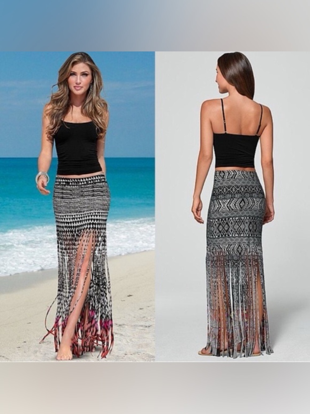 VENUS Black & White Aztec Fringe Maxi Skirt with Colorful Accent